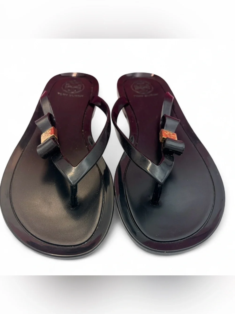 Tory Burch Jelly Bow Flip Flop Sandals Black Gold Logo Womens 6 Unworn Y2K